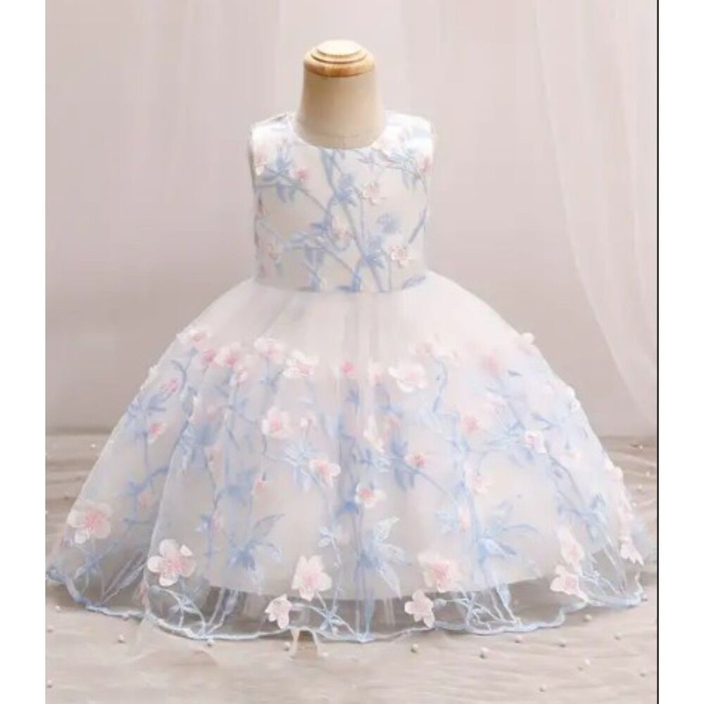 Baby Girls Elegant Floral Embroidery Sleeveless Mesh Gown Dress 9-12m